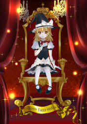Rule 34 | 1girl, apron, bad id, bad pixiv id, blonde hair, blush stickers, bow, braid, carpet, chandelier, crown, curtains, english text, female focus, footstool, gloves, hair bow, hand on own chest, hat, hat ribbon, high collar, kirisame marisa, light particles, long hair, looking at viewer, mary janes, nishiura nantoka, pantyhose, red background, ribbon, shoes, single braid, skirt, skirt set, smile, solo, sparkle, throne, touhou, waist apron, witch hat, yellow eyes
