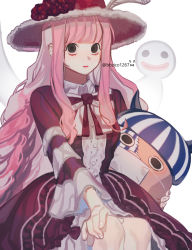 Rule 34 | 1girl, bbzico1267, black eyes, blunt bangs, breasts, devil fruit, dress, drill hair, flower, frilled dress, frills, ghost, hat, hat feather, hat flower, highres, horo horo no mi, kumacy, long hair, one piece, perona, pink hair, solo, stuffed animal, stuffed toy, twitter username, very long hair, white background
