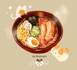 animated animated_gif artist_name bowl cat egg food food_focus fox nadia_kim no_humans noodles original ramen star_(symbol) steam