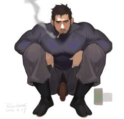 Rule 34 | 1boy, artist name, bara, beard, cigarette, facial hair, flaccid, foreskin, full body, highres, large pectorals, long sleeves, looking at viewer, male focus, male pubic hair, mature male, muscular, muscular male, open fly, original, pectorals, penis, powerlesssong, pubic hair, shirt, short hair, smoke, smoking, socks, solo, squatting, tight clothes, tight shirt, uncensored