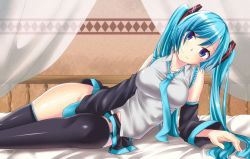 Rule 34 | 1girl, aqua hair, bad id, bad pixiv id, blue eyes, covering privates, covering crotch, detached sleeves, hatsune miku, jack dempa, long hair, necktie, no panties, skirt, smile, solo, thighhighs, twintails, vocaloid