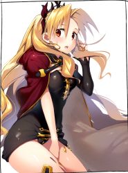 Rule 34 | 1girl, asymmetrical legwear, asymmetrical sleeves, between breasts, black leotard, black thighhighs, blonde hair, blush, bow, breasts, cape, detached collar, earrings, ereshkigal (fate), fate/grand order, fate (series), hair bow, hand on own thigh, highres, jewelry, kei (soundcross), leotard, long hair, looking at viewer, medium breasts, open mouth, parted bangs, red bow, red cape, red eyes, simple background, single sleeve, single thighhigh, skull, solo, spine, thighhighs, thighs, tiara, two side up, uneven legwear, uneven sleeves, white background