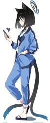 Rule 34 | 1girl, animal ear fluff, animal ears, black choker, black footwear, black hair, blue archive, blue jacket, blue pants, blush, cat ears, cat girl, cat tail, cellphone, choker, closed mouth, from side, halo, hand in pocket, heart, highres, holding, holding phone, jacket, kikyou (blue archive), long sleeves, momomatang, multiple tails, open clothes, open jacket, pants, phone, profile, sandals, shirt, short hair, simple background, smartphone, smartphone case, solo, standing, tail, track jacket, track pants, two tails, white background
