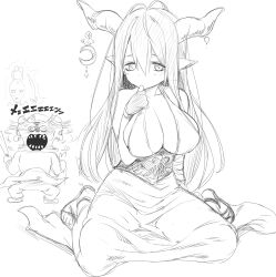 Rule 34 | absurdres, breasts, cleavage, danua, draph, dress, gloves, granblue fantasy, highres, horn ornament, horns, large breasts, long dress, long ears, long hair, looking at viewer, monochrome, sandals, simple background, thumb sucking, very long hair, white background, whoosaku