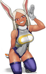 Rule 34 | 1girl, :d, animal ears, arm behind back, arm up, bare shoulders, boku no hero academia, breasts, carrot, crescent print, dark-skinned female, dark skin, fur collar, gloves, heattech leotard, highleg, highleg leotard, highres, holding, holding carrot, kneeling, large breasts, leotard, long eyelashes, long hair, looking at viewer, mirko, open mouth, parted bangs, purple thighhighs, rabbit ears, rabbit girl, rabbit pose, red eyes, sleeveless turtleneck leotard, smile, solo, sunao (70 the), taut leotard, teeth, thighhighs, thighs, toned, turtleneck, very long hair, white background, white gloves, white hair, white leotard
