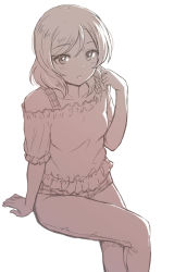 Rule 34 | 1girl, backlighting, bare shoulders, blush, breasts, collarbone, crossed legs, female focus, hand up, invisible chair, light blush, looking at viewer, love live!, love live! school idol project, monochrome, nishikino maki, off shoulder, open mouth, pants, shibasaki shouji, shirt, short hair, short sleeves, simple background, sitting, small breasts, solo, undershirt, white background