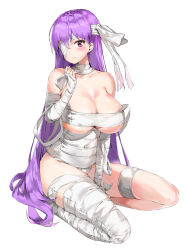Rule 34 | 1girl, bandages, bandage over one eye, bandaged arm, bandaged head, bandaged leg, bandages, blush, breasts, cleavage, closed mouth, cosplay, fate/extra, fate/extra ccc, fate/grand order, fate (series), hair over one eye, hair ribbon, highres, huge breasts, kingprotea (fate), kingprotea (fate) (cosplay), long hair, looking at viewer, passionlip (fate), pink eyes, pixel (yuxian), purple hair, ribbon, solo, very long hair, white ribbon