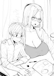 Rule 34 | 1boy, 1girl, absurdres, bangs pinned back, blush, book, breast press, breasts, child, cleavage, commentary, desk, english commentary, fuming, glasses, highres, indoors, inne sulistya robin, large breasts, long hair, looking at breasts, looking to the side, monochrome, norman maggot, nose blush, open book, open mouth, original, paper, shirt, sweat, teacher, teacher and student, textbook, wavy mouth, white shirt