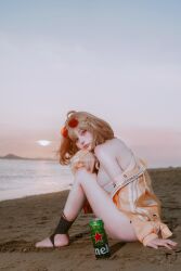 Rule 34 | alcohol, anis (nikke), anis (sparkling summer) (nikke), bare shoulders, beach, beer, beer can, bikini, can, cosplay, cosplay photo, drink can, goddess of victory: nikke, heineken, highres, jacket, looking at viewer, ocean, on ground, photo (medium), sand, shore, short hair, sunglasses on head, sunset, swimsuit, white bikini