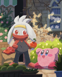 Rule 34 | apple, blush, bush, creatures (company), flower, food, fruit, game freak, garden, gen 8 pokemon, happy, headband, highres, kirby, kirby&#039;s dream land, kirby (series), long sleeves, looking at another, miclot, nintendo, no humans, open mouth, outdoors, pants, plant, pokemon, potted plant, raboot, red eyes, scarf, sparkle, sparkling eyes, tongue, vines, window