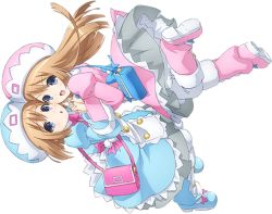 Rule 34 | 10s, 2girls, :d, :o, blue dress, blue eyes, blush, brown hair, dress, hat, holding hands, leg warmers, long hair, long sleeves, multiple girls, neptune (series), open mouth, pantyhose, parted lips, pink dress, ram (neptunia), rom (neptunia), rotated, short hair, siblings, simple background, sisters, smile, transparent background, twins, white background