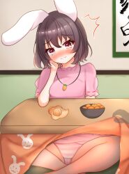 Rule 34 | 1girl, ^^^, animal ears, animal print, black hair, blush, bowl, breasts, brown eyes, carrot necklace, closed mouth, commentary request, floppy ears, food, fruit, hand on own cheek, hand on own face, hanging scroll, head tilt, highres, inaba tewi, jewelry, kasoka soka, kotatsu, looking at viewer, mandarin orange, medium bangs, medium breasts, necklace, nose blush, panties, pink panties, rabbit ears, rabbit girl, rabbit print, scroll, short hair, sitting, smile, solo, striped clothes, striped panties, table, touhou, underwear, white panties