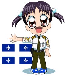 Rule 34 | 00s, 1girl, bad anatomy, bad hands, bad proportions, brown eyes, eyelashes, flag, futari wa precure, futari wa precure max heart, hair bobbles, hair ornament, highres, holster, kagayama miu, no nose, open mouth, outstretched arm, pigeon-toed, police, police uniform, precure, purple hair, schneider (sierra-77), solo, uniform