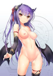 Rule 34 | 1girl, android, body (bacoborn), body lj, breasts, highres, horns, long hair, looking at viewer, medium breasts, nipples, nude, purple hair, red eyes, smile, solo, standing, wings