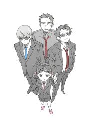 Rule 34 | 1girl, 3boys, adachi tooru, black jacket, black pants, blue necktie, business suit, bwsprmd82, collared shirt, doujima nanako, doujima ryoutarou, eyewear on head, formal, glasses, highres, jacket, multiple boys, narukami yuu, necktie, open clothes, open jacket, pants, persona, persona 4, pleated skirt, red necktie, shirt, skirt, suit, suit jacket, twintails, white background