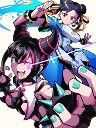 Rule 34 | 2girls, black hair, blue dress, bracelet, breasts, brown hair, capcom, chun-li, double bun, dress, earrings, green nails, hair bun, hair horns, han juri, highres, jewelry, looking at another, multiple girls, official alternate costume, open mouth, pechamaju, purple eyes, simple background, spiked bracelet, spikes, street fighter, street fighter 6, striped hair, white background