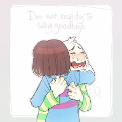 Rule 34 | 1boy, androgynous, artist name, asriel dreemurr, blush, brown hair, child, claws, crying, fangs, frisk (undertale), hug, leefii, monster boy, shirt, snot, spoilers, striped clothes, striped shirt, tears, undertale