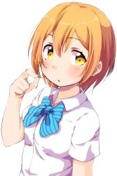 Rule 34 | 1girl, blue bow, bow, dress shirt, highres, hoshizora rin, looking at viewer, love live!, love live! school idol project, open mouth, orange hair, otonokizaka school uniform, school uniform, sen (sen0910), shirt, short hair, short sleeves, simple background, solo, upper body, white background, white shirt, yellow eyes