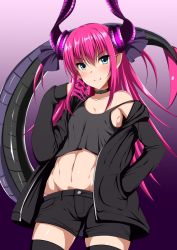 Rule 34 | 10s, 1girl, alternate costume, asymmetrical horns, black thighhighs, blue eyes, breasts, casual, choker, contemporary, denim, dragon tail, elizabeth bathory (fate), elizabeth bathory (fate/extra ccc), fate/extra, fate/extra ccc, fate (series), horns, long hair, looking at viewer, midriff, navel, off shoulder, pants, pink hair, pointy ears, short shorts, shorts, small breasts, smile, solo, tail, tank top, thighhighs, uneven horns, wonawo, zettai ryouiki