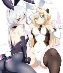 Rule 34 | 2girls, adapted costume, animal ears, back, backless outfit, bed, blonde hair, blush, brown thighhighs, cameltoe, cleft of venus, danpu, duel monster, fake animal ears, green eyes, grey hair, highres, leotard, long hair, looking at viewer, looking back, lying, multiple girls, necktie, on back, on bed, pantyhose, pillow, playboy bunny, rabbit ears, rabbit tail, red eyes, sky striker ace - raye, sky striker ace - roze, smile, tail, thighhighs, wrist cuffs, yu-gi-oh!, zettai ryouiki