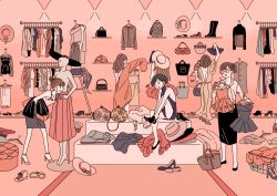 Rule 34 | 6+girls, bag, changing clothes, clothes, clothes grab, clothes hanger, clothes on floor, dress, handbag, hat, jewelry, multiple girls, original, pants, pink background, rate suto, shirt, shoes, shopping basket, sunglasses
