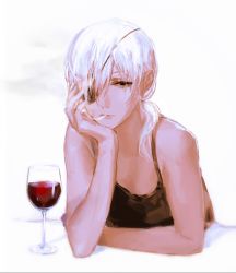 Rule 34 | 1girl, alcohol, black tank top, chainsaw man, cigarette, cup, drinking glass, eyepatch, hair over one eye, head on hand, highres, keibleh, leaning forward, long bangs, looking at viewer, ponytail, quanxi (chainsaw man), simple background, smoke, smoking, solo, tank top, white background, white hair, wine, wine glass