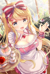 Rule 34 | 1girl, :d, alternate costume, apron, blonde hair, blue eyes, bow, cup, day, dress, emu alice, enmaided, flower, frilled dress, frills, from above, gomano rio, hair bow, hair ornament, hairclip, hand up, highres, liver city, long hair, looking at viewer, maid, maid apron, open mouth, outdoors, pink dress, smile, solo, table, tea, teacup, teapot, tray, wrist cuffs