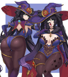 Rule 34 | 1girl, aqua eyes, ass, back, black choker, bodystocking, bodysuit, bodysuit under clothes, breasts, cape, choker, cleavage, curvy, fellatio gesture, genshin impact, hat, hat ornament, hella p, high heels, highres, large breasts, leotard, long hair, mona (genshin impact), pantyhose, purple cape, purple hat, purple leotard, sitting, solo, star (symbol), star hat ornament, stray pubic hair, thighlet, thighs, twintails, very long hair, witch hat, wizard hat