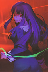 Rule 34 | 1girl, absurdres, asagami fujino, blood, blood on clothes, blood on face, blood on hands, blunt bangs, cowboy shot, glowing, highres, kara no kyoukai, red background, reien girl&#039;s academy school uniform, scan, school uniform, solo, takeuchi takashi
