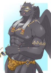 Rule 34 | 1boy, :q, abs, absurdres, animal ears, bara, bulge, unworn eyewear, feathered wings, feet out of frame, furry, furry male, green eyes, highres, holding, holding removed eyewear, ioenami, jaguar boy, jaguar ears, jaguar print, jaguar tail, large pectorals, long hair, male focus, male swimwear, mature male, muscular, muscular male, navel hair, nipples, official alternate costume, one eye covered, orange male swimwear, pectorals, print male swimwear, puffy chest, scar, scar on arm, scar on stomach, solo, stomach, sunglasses, swim briefs, tail, tezcatlipoca (housamo), thick eyebrows, thick thighs, thighs, tokyo houkago summoners, tongue, tongue out, topless male, wings