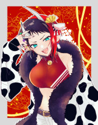 Rule 34 | 1girl, alternate costume, animal ears, animal print, bell, belt, black hair, black nails, blue eyes, border, breasts, brown belt, chinese zodiac, coat, commentary request, cow ears, cow print, cowboy shot, demon girl, demon horns, ear piercing, ear tag, fur coat, gem, grey border, hatori naco, highres, horns, jewelry, jingle bell, large breasts, looking at viewer, midriff, multicolored hair, nail polish, nanashi inc., open mouth, pants, piercing, pointy ears, print coat, red background, red hair, red sports bra, ring, ryugasaki rene, short hair, smile, solo, sports bra, sugar lyric, two-tone hair, v, virtual youtuber, white pants, year of the ox