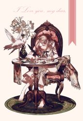 Rule 34 | 1girl, bare shoulders, barefoot, beige background, bird, black ribbon, blush, cake, chair, closed mouth, cookie, cup, dove, dress, ena (enaa97), english text, closed eyes, feathers, flower, food, full body, highres, ink, crossed legs, lily (flower), long hair, on chair, original, pencil, pink hair, quill, ribbon, rug, simple background, sitting, sleeveless, sleeveless dress, smile, solo, sweets, table, tea, teacup, vase, white dress, white flower