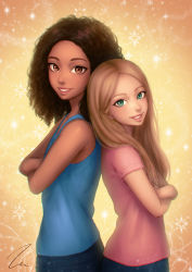 Rule 34 | 2girls, back-to-back, bare arms, bare shoulders, blonde hair, blue pants, blue vest, blurry, brown eyes, brown hair, commission, crossed arms, curly hair, dark-skinned female, dark skin, denim, from side, green eyes, grin, jeans, long hair, looking at viewer, looking to the side, multiple girls, orange background, original, pants, parted bangs, pink shirt, pocket, shirt, short sleeves, signature, smile, sparkle background, standing, star (symbol), starry background, umigraphics, vest, yellow background