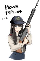Rule 34 | 1girl, battle rifle, black hair, black necktie, blue eyes, blue hat, blue skirt, blush, brown shirt, character name, dated, doldoriaa, drill hair, drill sidelocks, girls&#039; frontline, gun, hat, highres, holding, holding gun, holding weapon, howa type 64, howa type 64 (girls&#039; frontline), long hair, looking at viewer, necktie, open mouth, police, police hat, police uniform, policewoman, rifle, shirt, sidelocks, skirt, solo, uniform, upper body, weapon, white background