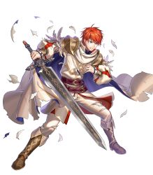 Rule 34 | 1boy, alternate costume, belt, blue eyes, boots, cape, eliwood (fire emblem), feathers, fire emblem, fire emblem: the blazing blade, fire emblem heroes, full body, highres, injury, male focus, nintendo, official art, red hair, solo, sword, teeth, torn clothes, transparent background, weapon