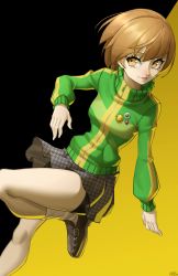 Rule 34 | 1girl, absurdres, badge, black background, breasts, brown eyes, brown hair, button badge, buttons, foot out of frame, green jacket, grey skirt, hair between eyes, high collar, highres, jacket, leg up, long sleeves, looking to the side, medium breasts, persona, persona 4, pleated skirt, satonaka chie, short hair, skirt, smiley face, solo, track jacket, two-tone background, x xith x, yellow background