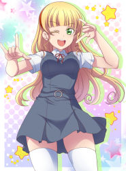 Rule 34 | 1girl, ;d, blonde hair, blunt bangs, collared shirt, cowboy shot, dress, green eyes, grey dress, hairband, hanzou, heanna sumire, highres, long hair, looking at viewer, love live!, love live! superstar!!, neck ribbon, one eye closed, open mouth, pinafore dress, red hairband, red ribbon, ribbon, shirt, short dress, short sleeves, sleeveless, sleeveless dress, smile, solo, standing, thighhighs, very long hair, white shirt, white thighhighs, wing collar, zettai ryouiki