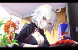 Rule 34 | 3girls, bee doushi, bikini, black bikini, black gloves, blurry, blurry foreground, blush, brand name imitation, breasts, brown eyes, calendar (object), can, cleavage, closed mouth, commentary request, depth of field, dress, dress swimsuit, energy drink, eyewear on head, fate/grand order, fate (series), floral print, food, food in mouth, fujimaru ritsuka (female), fujimaru ritsuka (female) (tropical summer), gloves, hair between eyes, hair over one eye, hawaiian shirt, highres, holding, holding stylus, indoors, jacket, jeanne d&#039;arc alter (swimsuit berserker) (fate), jeanne d&#039;arc (fate), jeanne d&#039;arc alter (fate), jeanne d&#039;arc alter (swimsuit berserker) (fate), letterboxed, long sleeves, looking away, looking to the side, mash kyrielight, mash kyrielight (swimsuit of perpetual summer), medium breasts, monitor, mouth hold, multiple girls, o-ring, o-ring bikini, o-ring top, official alternate costume, open clothes, open door, open jacket, orange hair, popsicle, print shirt, red bull, red shirt, shirt, short sleeves, signature, smile, stylus, swimsuit, tropical summer (fate), white-framed eyewear, white dress, white hair, white jacket