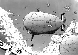 Rule 34 | aerial battle, aircraft, airplane, battle, cloud, comic, commentary, dirigible, dogfight, explosion, greyscale, mecha to identify, monochrome, original, setz, sky, turret, vehicle focus, world war i