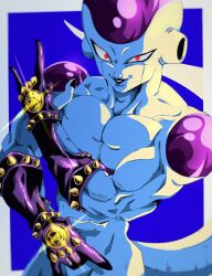 Rule 34 | 1boy, \m/, alien, black lips, black nails, blue background, border, bure (fantasticyouth7), diamond wa kudakenai, double \m/, dragon ball, evil smile, frieza, gloves, highres, jojo no kimyou na bouken, killer queen, looking at viewer, muscular, muscular male, outside border, parted lips, pectorals, purple gloves, red eyes, smile, solo, spiked gloves, tail, upper body, white border
