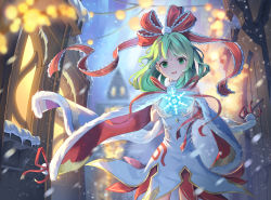 Rule 34 | 1girl, absurdres, al guang, alternate costume, bare shoulders, blurry, building, cape, christmas, depth of field, feet out of frame, front ponytail, gold trim, green eyes, green hair, highres, kagiyama hina, light blush, light rays, light smile, long hair, looking at viewer, open mouth, outdoors, snowflakes, solo, touhou