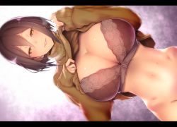 Rule 34 | 1girl, blush, bra, breasts, brown eyes, brown hair, cleavage, dutch angle, highres, kagami uekusa, large breasts, lifted by self, lips, long sleeves, looking at viewer, mole, mole on breast, mole under eye, navel, nijisanji, no panties, no pants, parted lips, shiny skin, shizuka rin, short hair, simple background, sleeves past wrists, smile, solo, stomach, sweat, sweatdrop, sweater, turtleneck, underwear, upper body, virtual youtuber