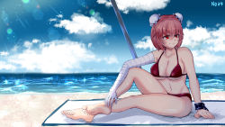 Rule 34 | 1girl, 367gou, arm support, bad id, bad pixiv id, bandaged arm, bandages, barefoot, beach, beach towel, beach umbrella, bikini, cloud, cloudy sky, collarbone, commentary request, cuffs, day, double bun, feet, hair bun, highres, ibaraki kasen, legs, lens flare, looking to the side, navel, ocean, outdoors, pink hair, red bikini, red eyes, shackles, shade, short hair, sitting, sky, smile, soles, solo, swimsuit, toenails, toes, touhou, towel, umbrella, water, water surface