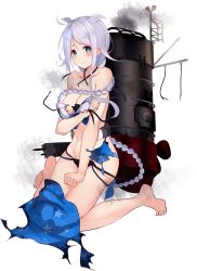 Rule 34 | 1girl, barefoot, bikini, blue eyes, blush, braid, breasts, cleavage, collarbone, full body, kantai collection, kneeling, kujou ichiso, long hair, machinery, medium breasts, mole, mole under eye, official art, rigging, silver hair, single braid, smoke, solo, swimsuit, torn clothes, transparent background, umikaze (kancolle), umikaze kai ni (kancolle), very long hair