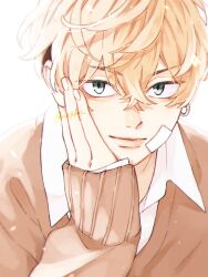 Rule 34 | 1boy, blonde hair, brown sweater, closed mouth, collared shirt, ear piercing, fingernails, gauze on cheek, green eyes, hair between eyes, hand on own cheek, hand on own face, highres, light smile, long sleeves, looking at viewer, male focus, matsuno chifuyu, mog ky, piercing, portrait, shirt, short hair, simple background, solo, sunlight, sweater, tokyo revengers, undercut, white shirt