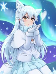 Rule 34 | 1girl, absurdres, animal ear fluff, animal ears, arctic fox (kemono friends), blue bow, blue bowtie, blue skirt, bow, bowtie, brown eyes, capelet, commentary, extra ears, fox ears, fur-trimmed sleeves, fur trim, gloves, hair between eyes, heart, highres, kemono friends, long hair, long sleeves, looking at viewer, open mouth, pantyhose, pleated skirt, shiraha maru, signature, skirt, snowflakes, solo, very long hair, white capelet, white gloves, white hair, white pantyhose