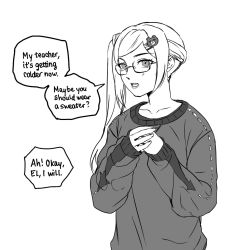 Rule 34 | 1girl, bespectacled, contemporary, edelgard von hresvelg, english text, fire emblem, fire emblem: three houses, glasses, greyscale, hair ornament, hairclip, own hands clasped, highres, lips, monochrome, nintendo, own hands together, radiostarkiller, semi-rimless eyewear, side ponytail, solo, speech bubble, sweater, under-rim eyewear