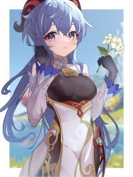 Rule 34 | 1girl, absurdres, ahoge, bare shoulders, bell, black gloves, black legwear, blue hair, blush, breasts, chinese knot, covered navel, detached sleeves, flower, flower knot, ganyu (genshin impact), genshin impact, gloves, gold trim, highres, holding, holding flower, horns, long hair, looking at viewer, medium breasts, neck bell, outdoors, parted lips, pelvic curtain, purple eyes, qingxin flower, qure h4, red rope, rope, solo, standing, tassel, thighlet, vision (genshin impact), white flower, white sleeves