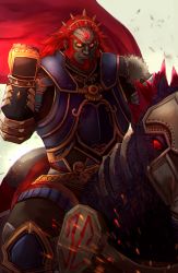 Rule 34 | akainoda, amulet, armor, barding, beard, cape, clenched hand, dark skin, facial hair, forehead jewel, ganondorf, gauntlets, gerudo, hair ornament, highres, horseback riding, long hair, looking at viewer, male focus, manly, nintendo, red cape, red eyes, red hair, riding, the legend of zelda, white background, yellow eyes