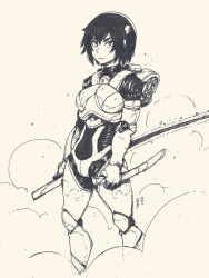 Rule 34 | 1girl, armor, arms at sides, black hair, closed mouth, debris, desorienter, dust cloud, eyelashes, glaring, glowing, glowing sword, glowing weapon, legs, looking at viewer, neck, nose, original, rienna (desvitio), scabbard, sheath, short hair, solo, sword, weapon